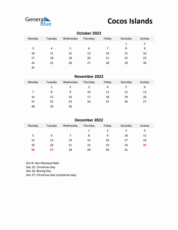 Printable Quarterly Calendar with Notes and Cocos Islands Holidays- Q4 of 2022