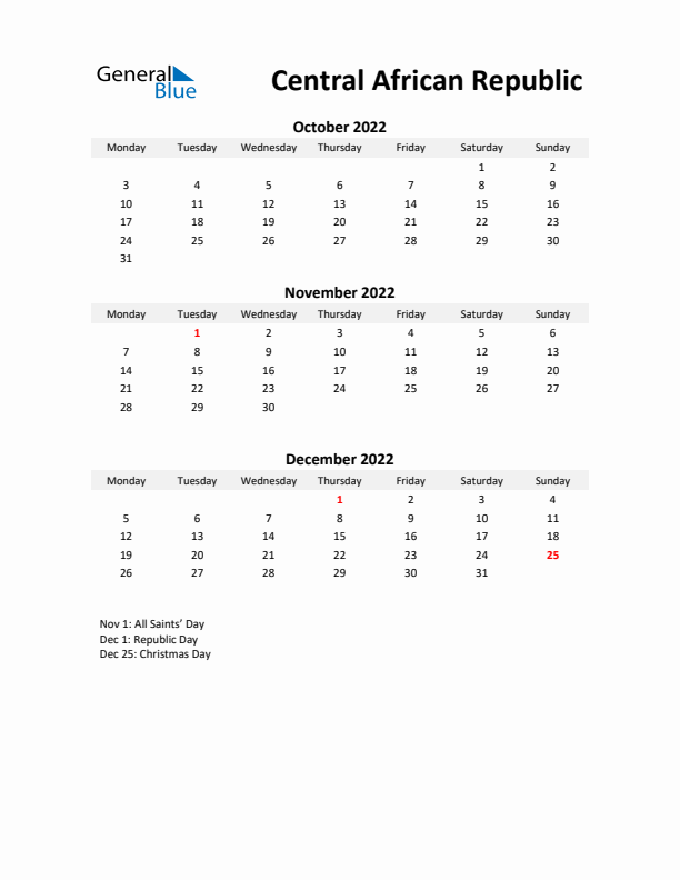 Printable Quarterly Calendar with Notes and Central African Republic Holidays- Q4 of 2022