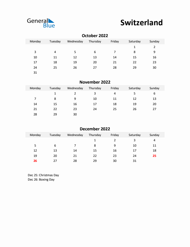 Printable Quarterly Calendar with Notes and Switzerland Holidays- Q4 of 2022