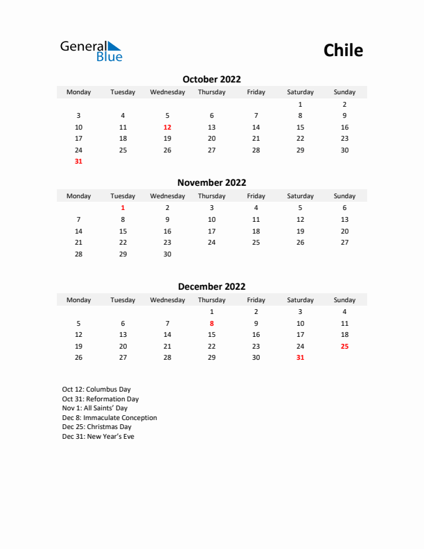 Printable Quarterly Calendar with Notes and Chile Holidays- Q4 of 2022