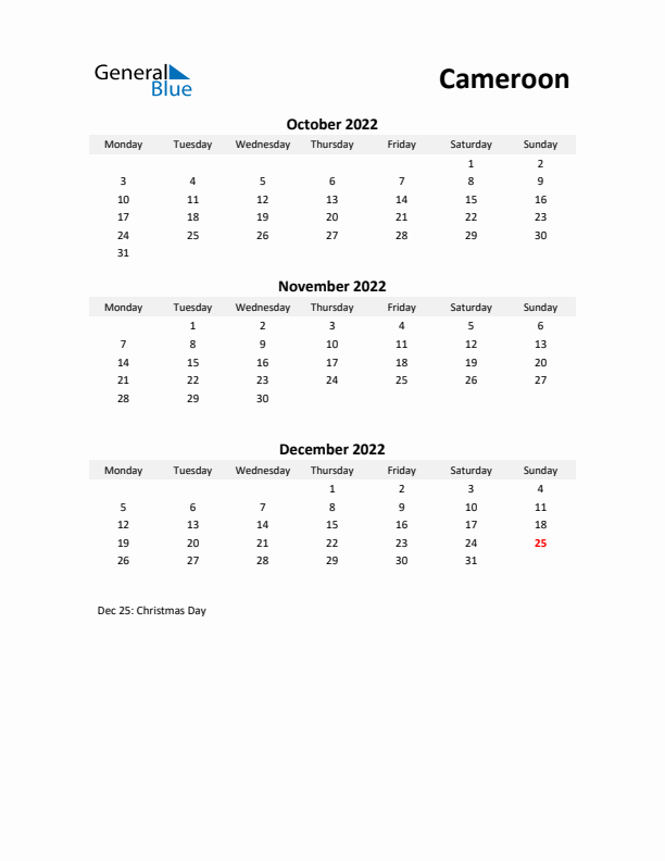 Printable Quarterly Calendar with Notes and Cameroon Holidays- Q4 of 2022