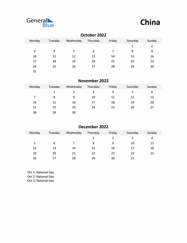 Printable Quarterly Calendar with Notes and China Holidays- Q4 of 2022