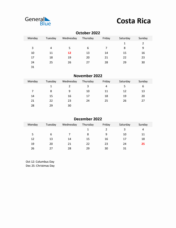 Printable Quarterly Calendar with Notes and Costa Rica Holidays- Q4 of 2022