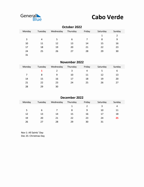 Printable Quarterly Calendar with Notes and Cabo Verde Holidays- Q4 of 2022