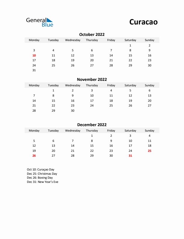 Printable Quarterly Calendar with Notes and Curacao Holidays- Q4 of 2022