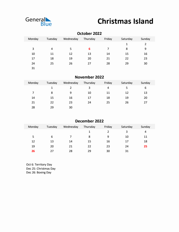 Printable Quarterly Calendar with Notes and Christmas Island Holidays- Q4 of 2022