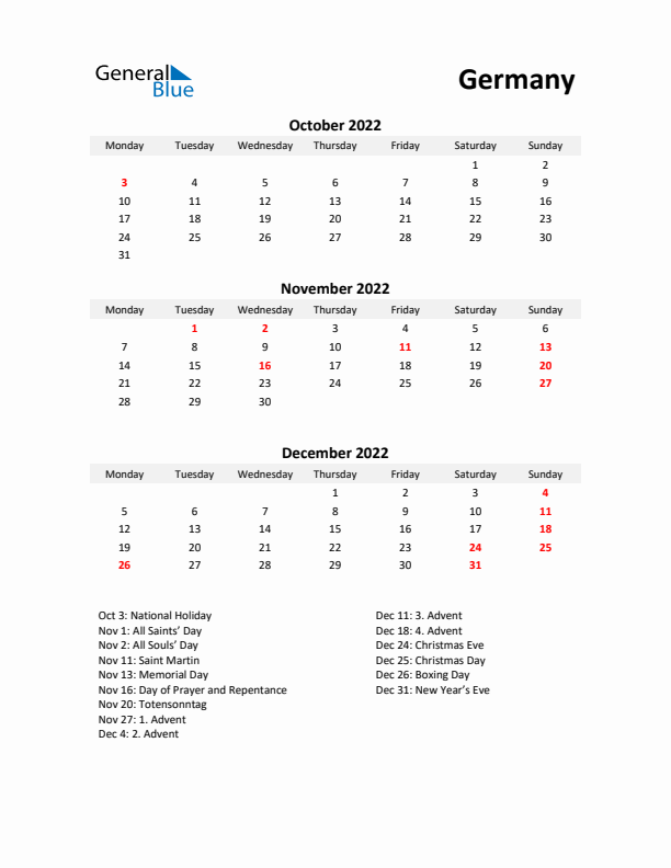 Printable Quarterly Calendar with Notes and Germany Holidays- Q4 of 2022