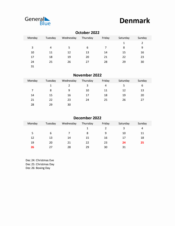 Printable Quarterly Calendar with Notes and Denmark Holidays- Q4 of 2022