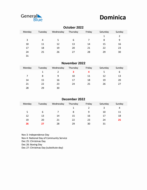 Printable Quarterly Calendar with Notes and Dominica Holidays- Q4 of 2022