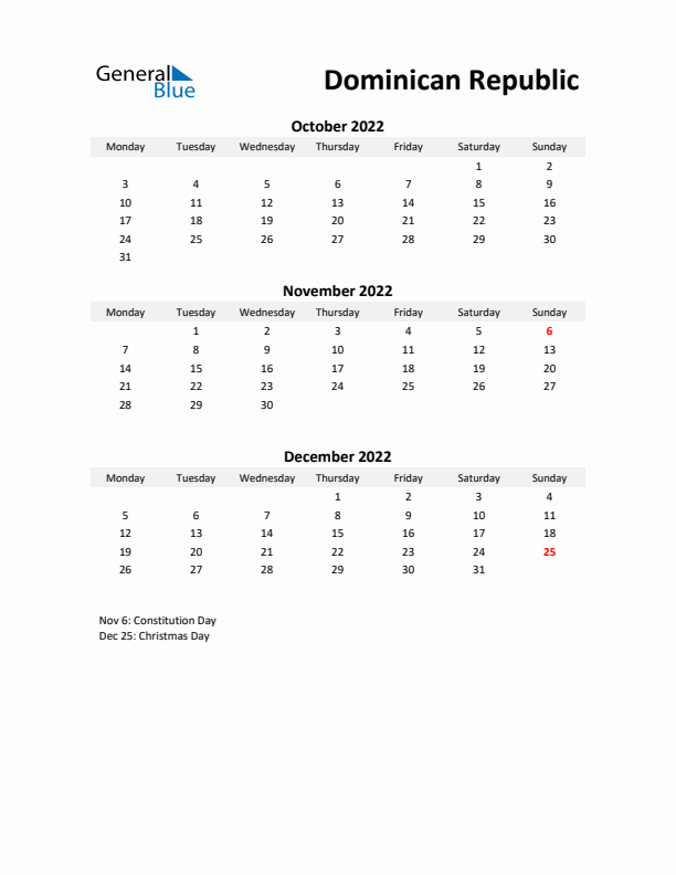 Printable Quarterly Calendar with Notes and Dominican Republic Holidays- Q4 of 2022