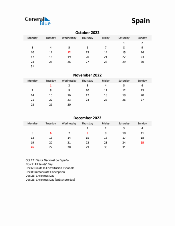 Printable Quarterly Calendar with Notes and Spain Holidays- Q4 of 2022