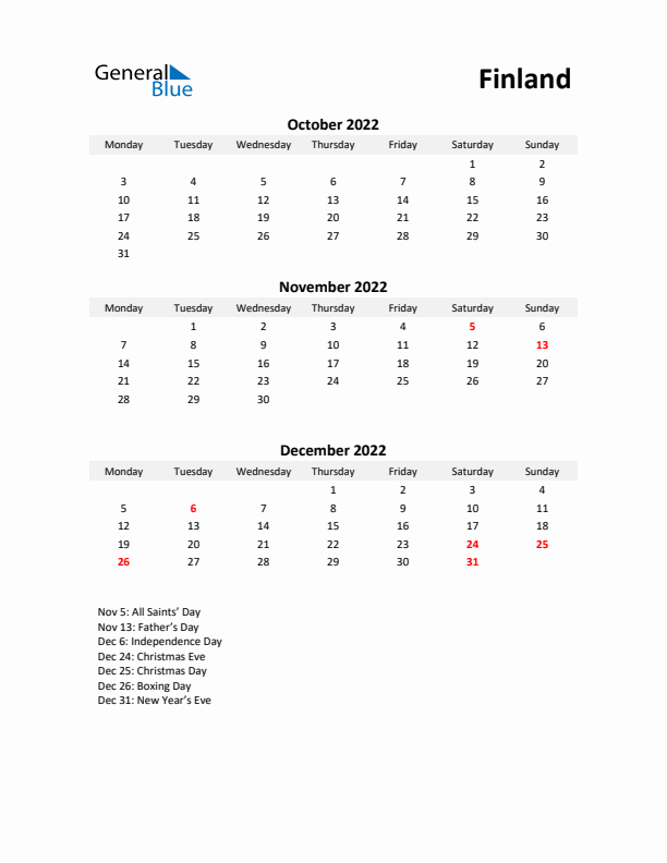 Printable Quarterly Calendar with Notes and Finland Holidays- Q4 of 2022