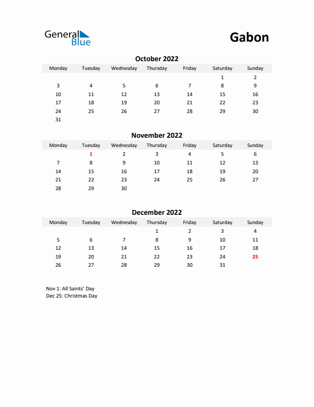 Printable Quarterly Calendar with Notes and Gabon Holidays- Q4 of 2022