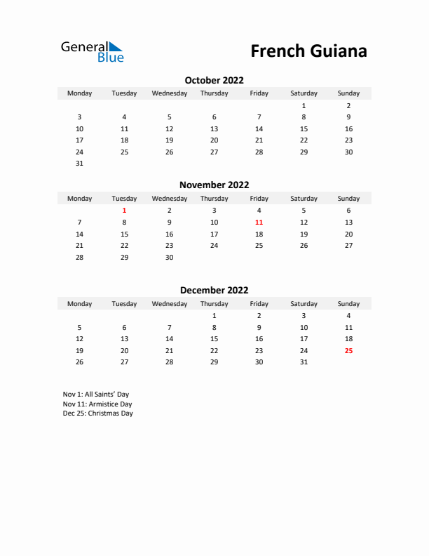 Printable Quarterly Calendar with Notes and French Guiana Holidays- Q4 of 2022