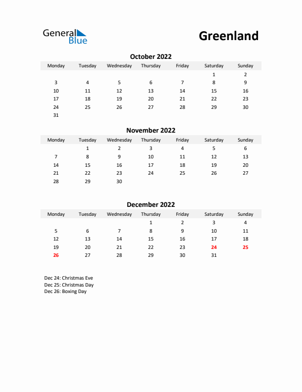 Printable Quarterly Calendar with Notes and Greenland Holidays- Q4 of 2022