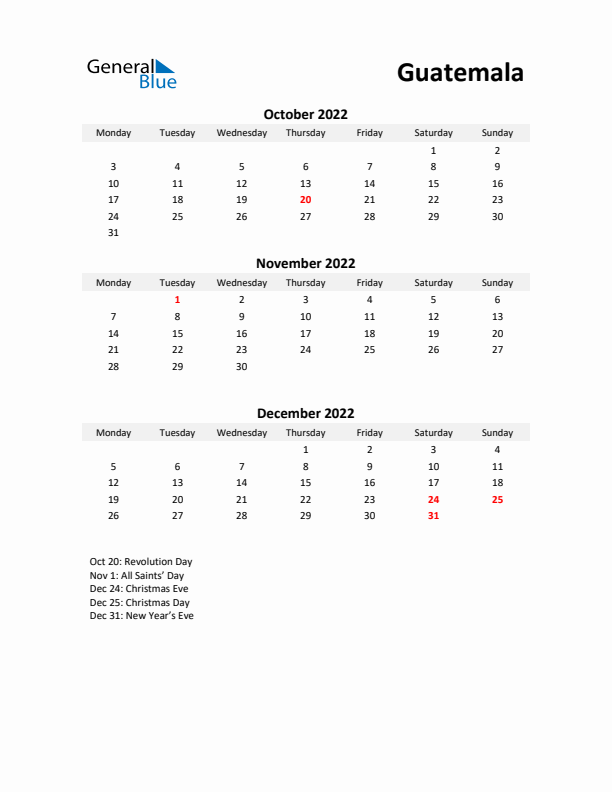 Printable Quarterly Calendar with Notes and Guatemala Holidays- Q4 of 2022