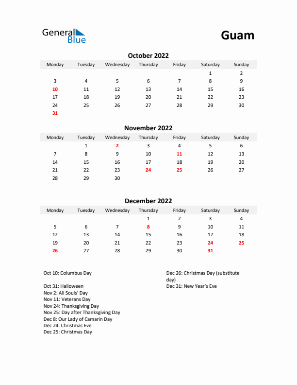 Printable Quarterly Calendar with Notes and Guam Holidays- Q4 of 2022