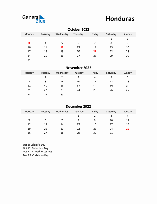 Printable Quarterly Calendar with Notes and Honduras Holidays- Q4 of 2022