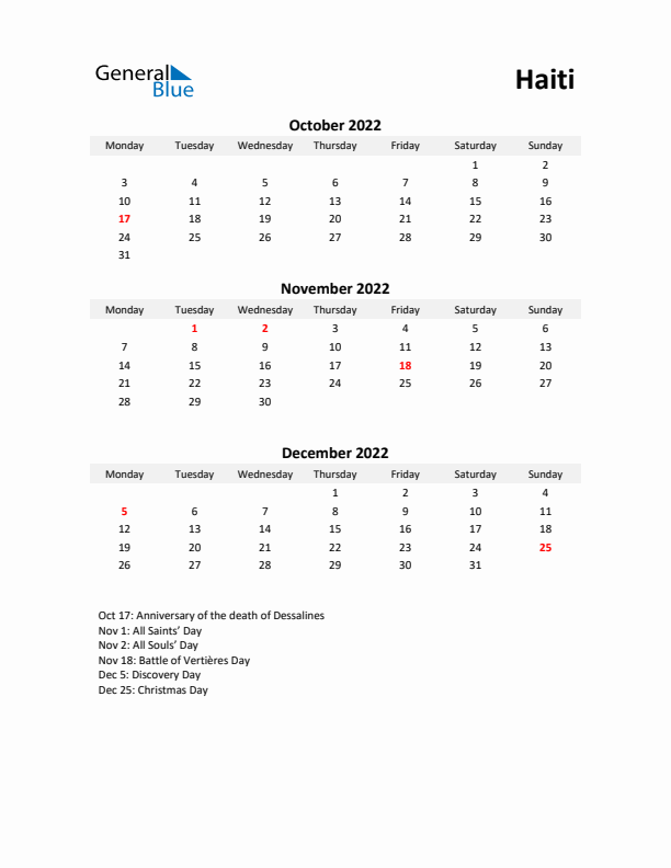 Printable Quarterly Calendar with Notes and Haiti Holidays- Q4 of 2022