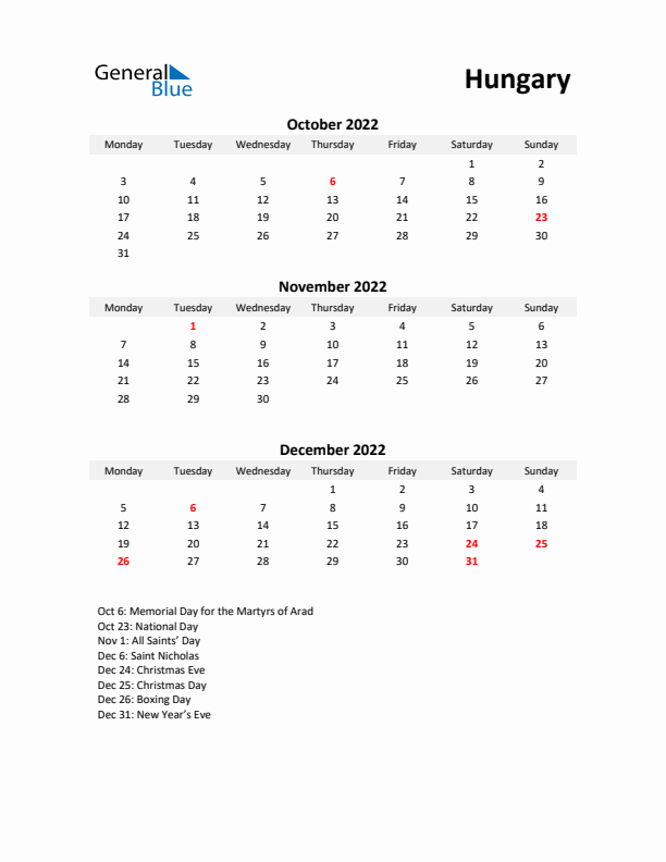 Printable Quarterly Calendar with Notes and Hungary Holidays- Q4 of 2022