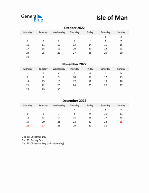 Printable Quarterly Calendar with Notes and Isle of Man Holidays- Q4 of 2022