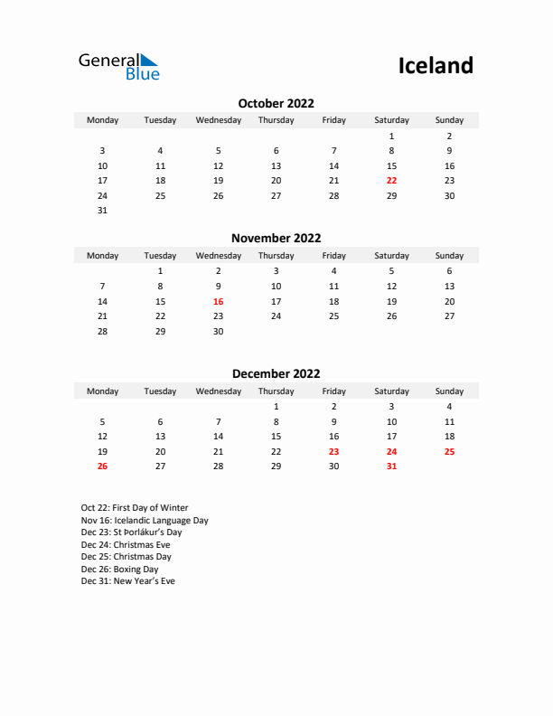 Printable Quarterly Calendar with Notes and Iceland Holidays- Q4 of 2022