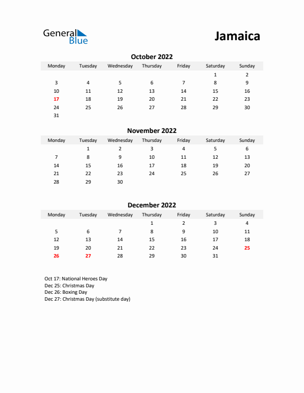 Printable Quarterly Calendar with Notes and Jamaica Holidays- Q4 of 2022