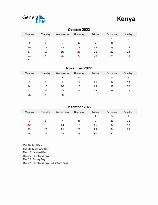 Printable Quarterly Calendar with Notes and Kenya Holidays- Q4 of 2022