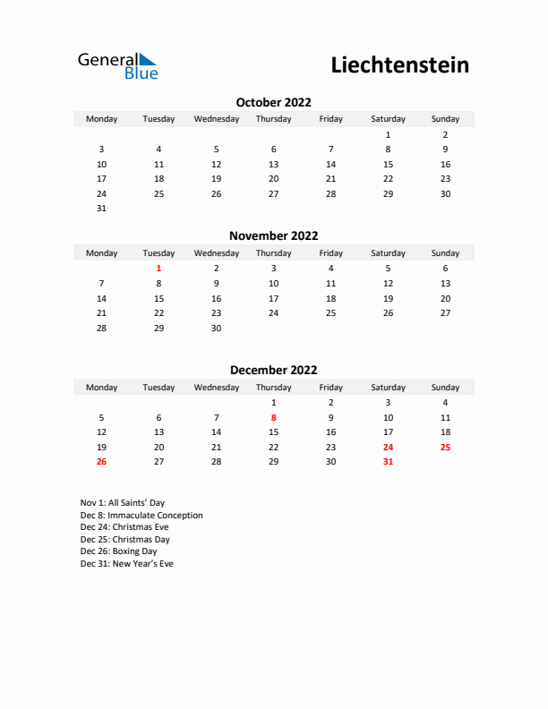 Printable Quarterly Calendar with Notes and Liechtenstein Holidays- Q4 of 2022