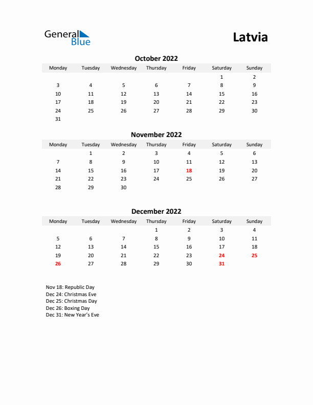 Printable Quarterly Calendar with Notes and Latvia Holidays- Q4 of 2022