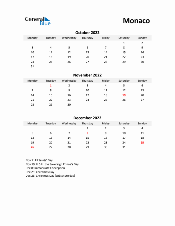 Printable Quarterly Calendar with Notes and Monaco Holidays- Q4 of 2022