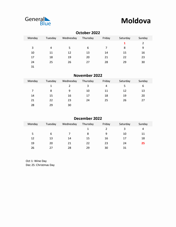 Printable Quarterly Calendar with Notes and Moldova Holidays- Q4 of 2022