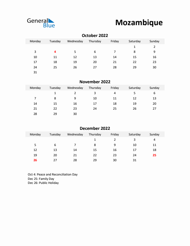 Printable Quarterly Calendar with Notes and Mozambique Holidays- Q4 of 2022