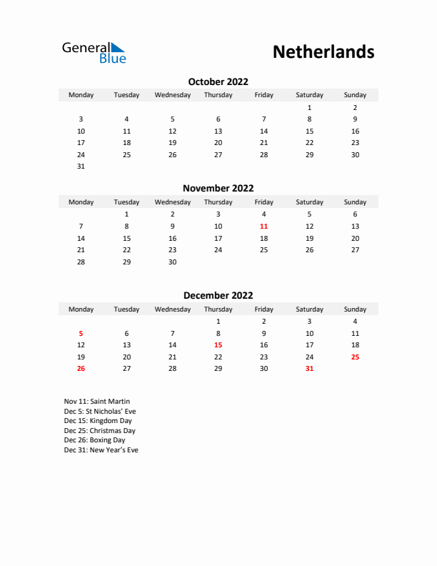 Printable Quarterly Calendar with Notes and The Netherlands Holidays- Q4 of 2022