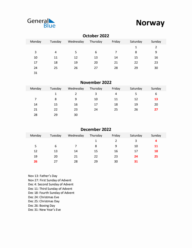 Printable Quarterly Calendar with Notes and Norway Holidays- Q4 of 2022