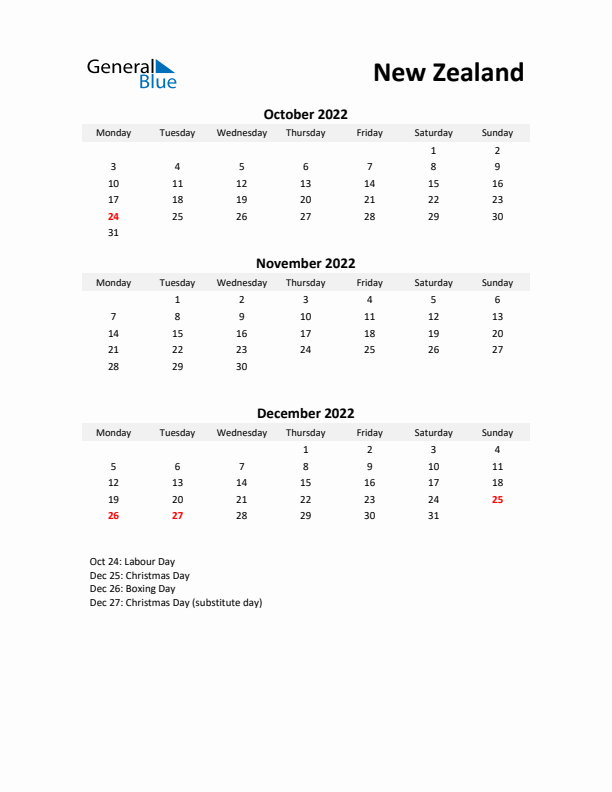 Printable Quarterly Calendar with Notes and New Zealand Holidays- Q4 of 2022