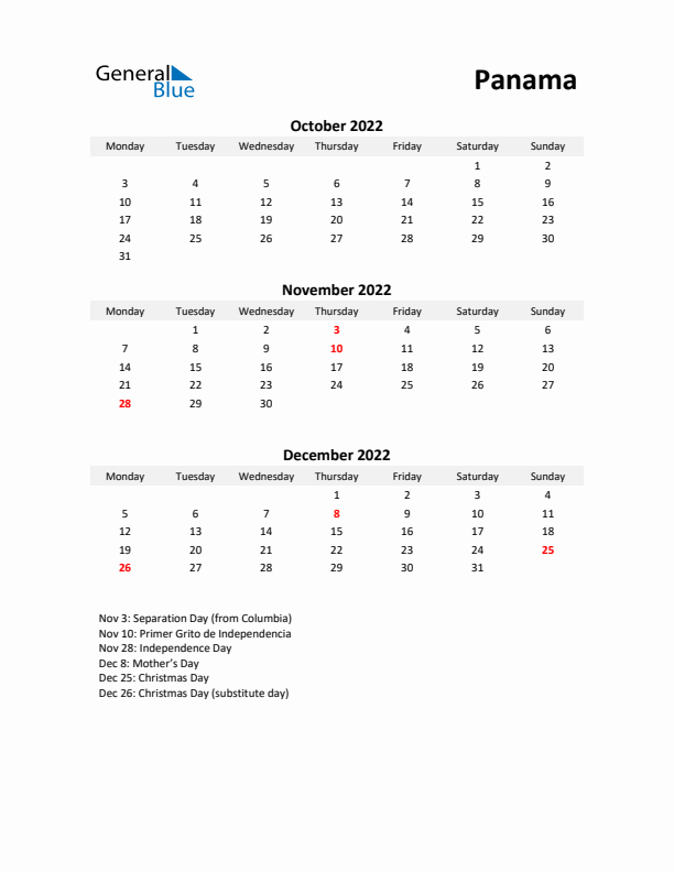 Printable Quarterly Calendar with Notes and Panama Holidays- Q4 of 2022