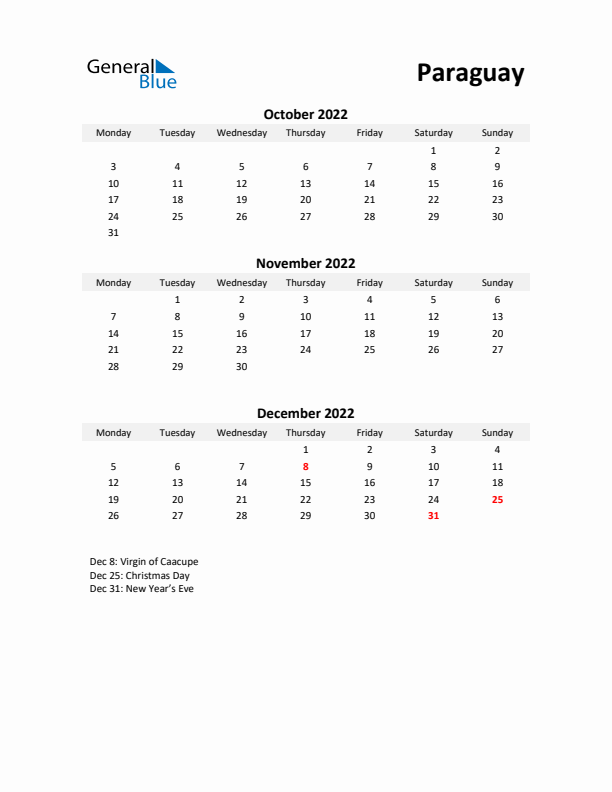 Printable Quarterly Calendar with Notes and Paraguay Holidays- Q4 of 2022