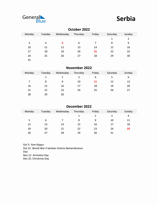 Printable Quarterly Calendar with Notes and Serbia Holidays- Q4 of 2022