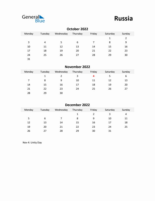 Printable Quarterly Calendar with Notes and Russia Holidays- Q4 of 2022