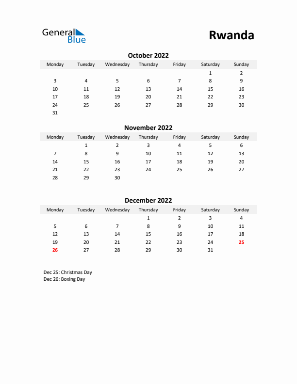 Printable Quarterly Calendar with Notes and Rwanda Holidays- Q4 of 2022