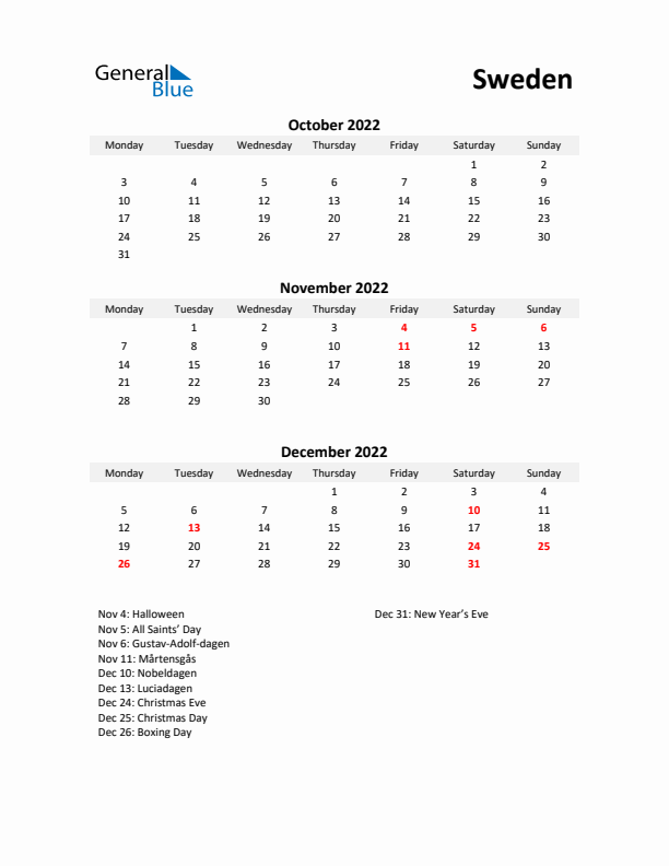 Printable Quarterly Calendar with Notes and Sweden Holidays- Q4 of 2022