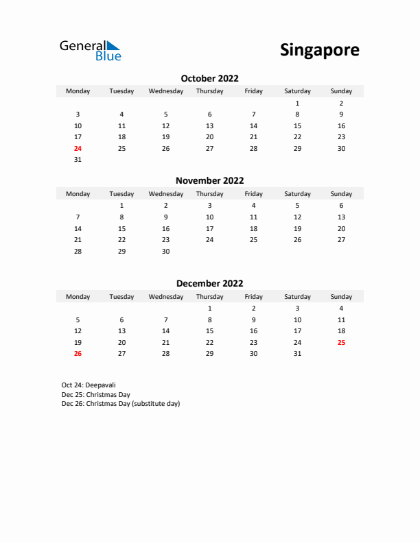 Printable Quarterly Calendar with Notes and Singapore Holidays- Q4 of 2022