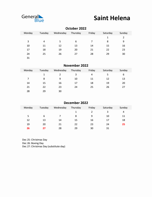 Printable Quarterly Calendar with Notes and Saint Helena Holidays- Q4 of 2022