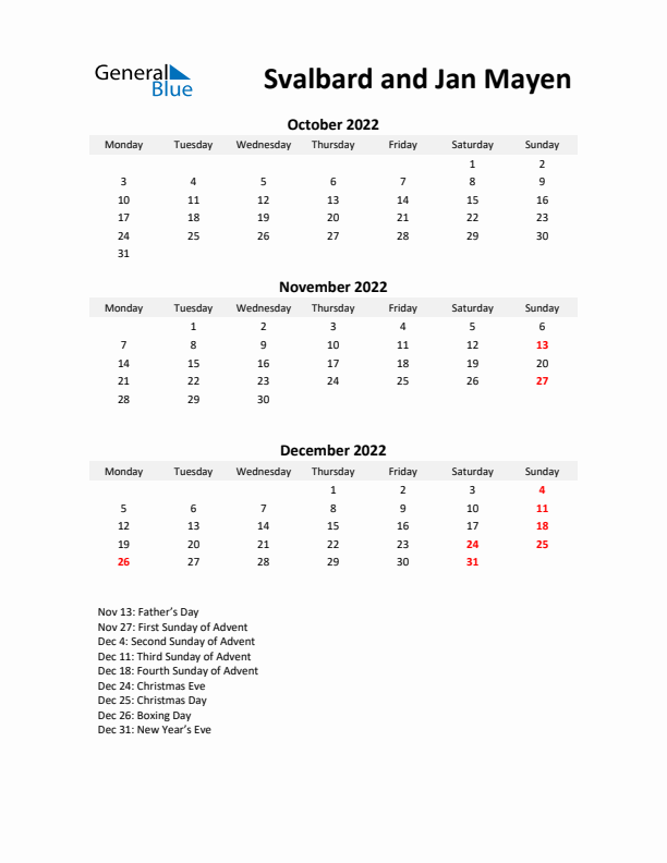 Printable Quarterly Calendar with Notes and Svalbard and Jan Mayen Holidays- Q4 of 2022