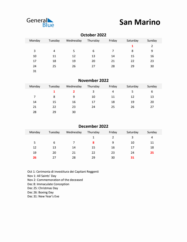 Printable Quarterly Calendar with Notes and San Marino Holidays- Q4 of 2022