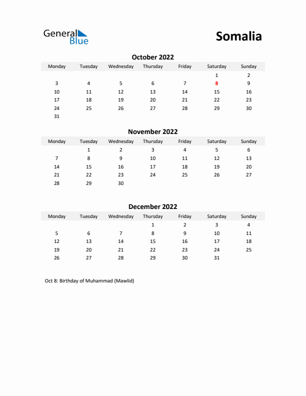 Printable Quarterly Calendar with Notes and Somalia Holidays- Q4 of 2022