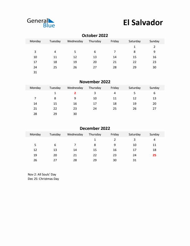 Printable Quarterly Calendar with Notes and El Salvador Holidays- Q4 of 2022