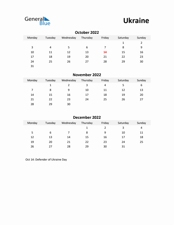 Printable Quarterly Calendar with Notes and Ukraine Holidays- Q4 of 2022