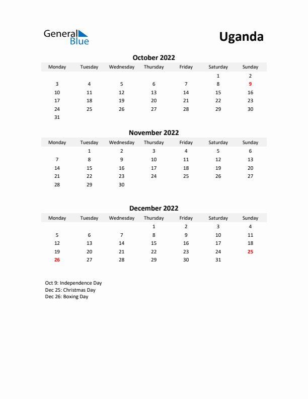 Printable Quarterly Calendar with Notes and Uganda Holidays- Q4 of 2022